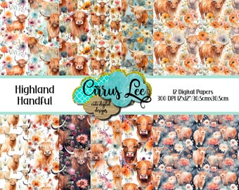 Highland Handful Digital Paper, Instant Download, Digital Scrapbook Set, Western Digital Paper, Seamless Pattern, Watercolor Western