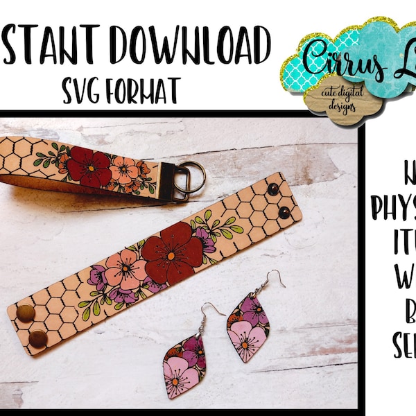 Floral Set SVG, Leather Floral Set Design, Digital Laser File, Earring Svg File, Cuff Bracelet SVG File, Key Fob SVG File, Instant Download