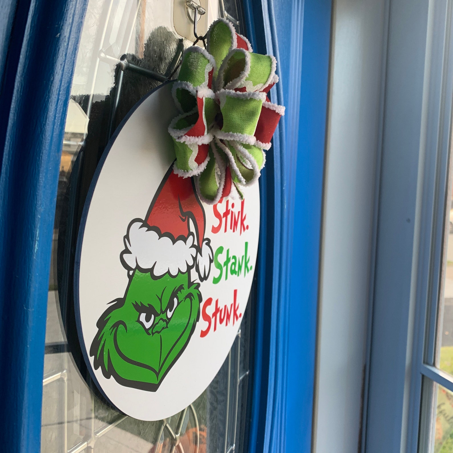 Grinch Door Hanger Christmas Wood Round Door Hanger Etsy