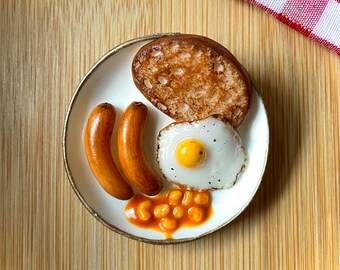 Food magnet, fridge magnet - sausages egg toast magnet, baked beans magnet, miniature food, clay magnets, realistic food magnet, sausages