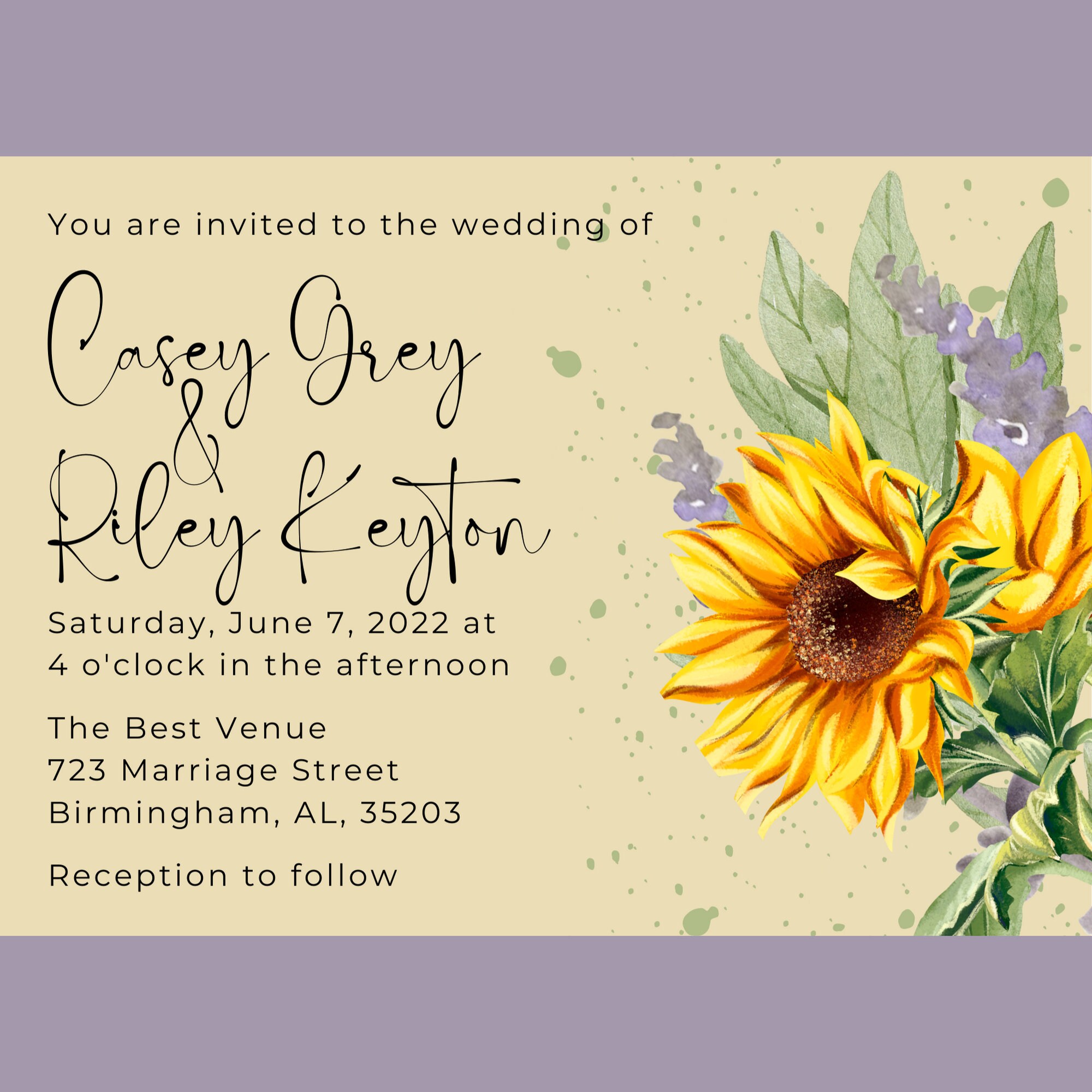 Sunflower and Lavender Wedding Invitation Template Sunflower Etsy