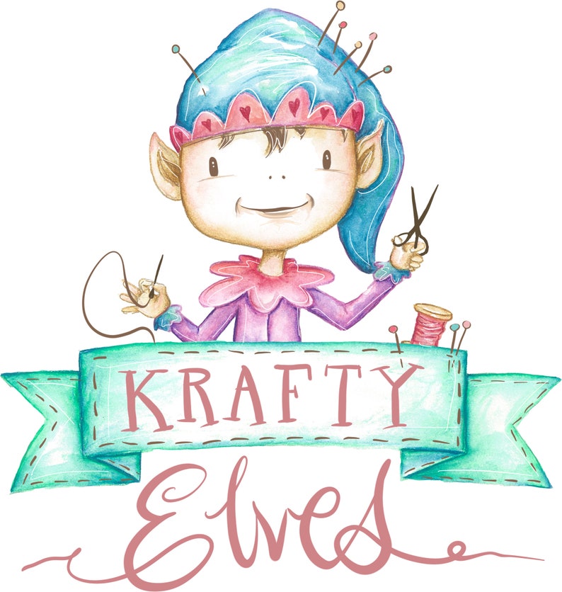 May include: A watercolor illustration of a smiling elf with blue and pink clothing, holding a needle and thread and a pair of scissors. The elf is wearing a blue hat with pins in it. The elf is sitting in front of a green banner with the text "Krafty Elves".