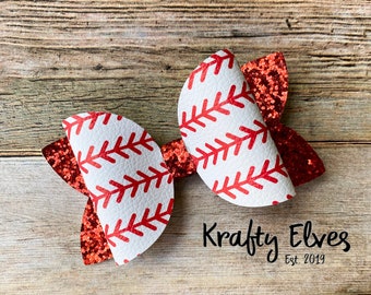 Baseball Bow Hair Clip: Faux Leather & Red Glitter