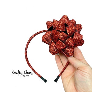Holiday Headband, Gift Bow Headband, Red Glitter Headband, Holiday Christmas Bow, Christmas Present Hair Bow