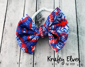Tie Dye Fabric Baby Bow: Red, White & Blue 4th of July Hair Clip