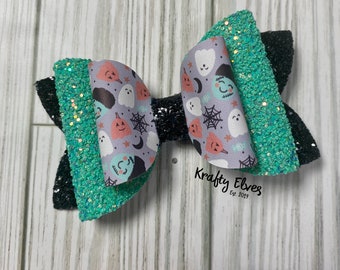 Halloween Hair Bow: Pumpkin, Ghost & Spiderweb Glitter Clip