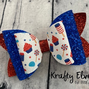 Red White Blue Popsicle Fabric Bow: Patriotic Glitter Hair Bow