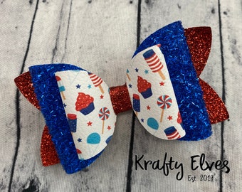 Red White Blue Popsicle Fabric Bow: Patriotic Glitter Hair Bow