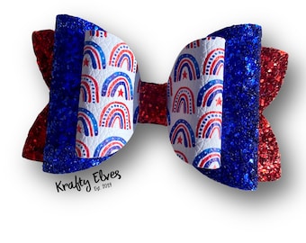 Patriotic Rainbow Hair Bow: Red, White, and Blue Glitter Faux Leather