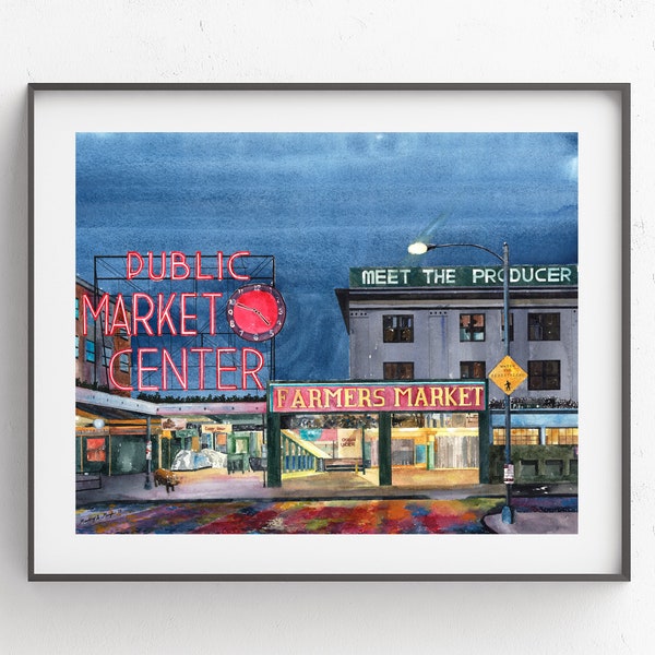 Pike Place Market Artwork, Seattle art, Public Market, Outdoor market art, Seattle Washington artwork, Pike Place Watercolor Fine Art Print