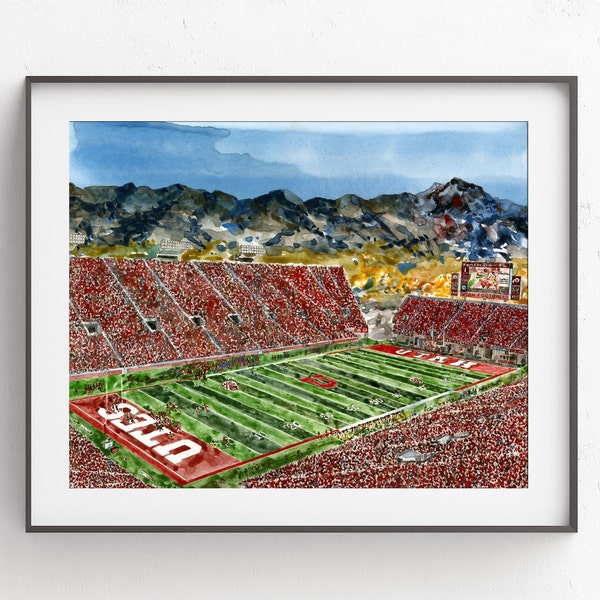 Rice-Eccles Stadium, Utes, Utah Football, watercolor print