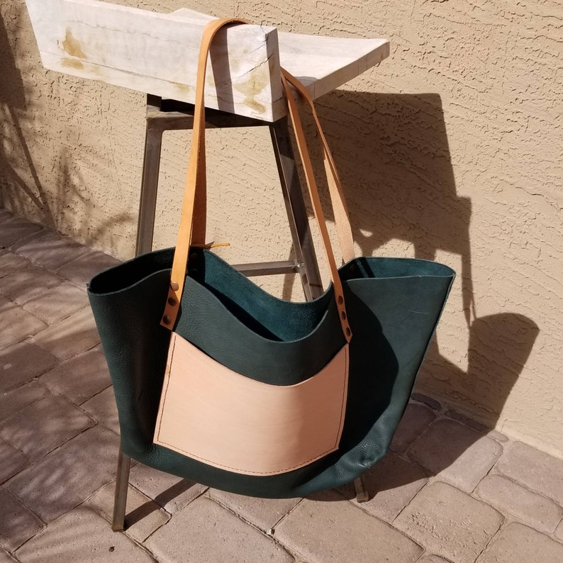 Handsewn large leather slouchy toteForest Green color Pebble Leather roamingtherange