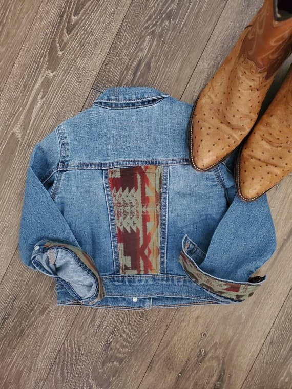 Repurposed Old Navy Jean Jacket Child XS 5 Aztec Print Wool Aztec Cowgirl Native American Style Rodeo roamingtherange Etsy Canada