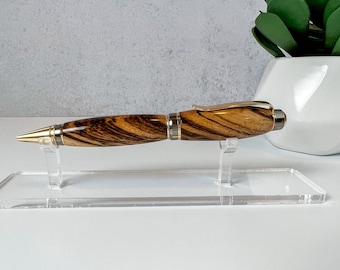 Bolígrafo de madera de cebra cortado en ángulo, estilo torcido, torneado a mano, madera exótica artesanal, personalizado, pieza de conversación, regalo único