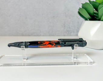 Acción de arranque de motocicleta con acrílico naranja y negro línea azul delgada torneada a mano estilo de acción de perno casero bolígrafo personalizado