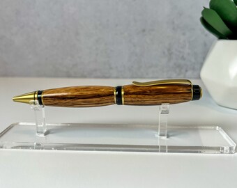 Bolígrafo de madera de cebra, estilo antiguo dorado, torneado a mano, madera exótica, hecho a mano, personalizado, pieza de conversación, regalo único