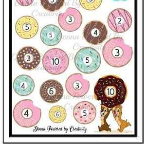 May include: A printable game board with a donut theme. The board features 12 donuts with different numbers and sprinkles. The game is called "Let's Save $100.00".