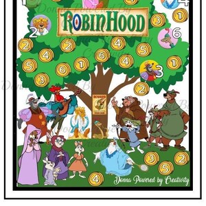 Pode incluir: Um tabuleiro de jogo imprimível com personagens do filme da Disney Robin Hood. O tabuleiro tem a forma de uma árvore com folhas verdes e moedas de ouro com números nelas. Os personagens incluem Robin Hood, Little John, Lady Marian, Friar Tuck e o Príncipe João. O texto no tabuleiro diz "Let's Save" e "Robin Hood".