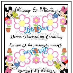 Puede incluir: Mickey Mouse y Minnie Mouse regando flores en macetas rosas. El texto "Let's Save Donna Powered by Creativity" está escrito en letras azules y negras.