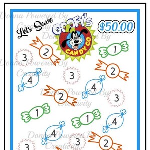 May include: A printable game board featuring Goofy's Candy Co. logo with a cartoon image of Goofy. The game board has a white background with colorful candy images and numbers 1 through 4. The text "Let's Save" and "$50.00" are also included on the board.