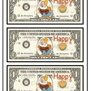May include: Three US one-dollar bills with a cartoon image of a dwarf and the word "Happy" in red. The bills have a diamond graphic and the text "Donna Powered by Creativity".