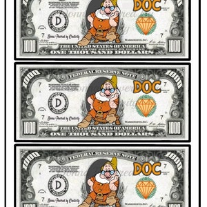 May include: Three printable images of a cartoon dwarf with a beard and glasses sitting on a chair. The images are designed to look like a $1,000 bill with the word "DOC" in the top right corner. The dwarf is wearing a brown vest and orange pants.