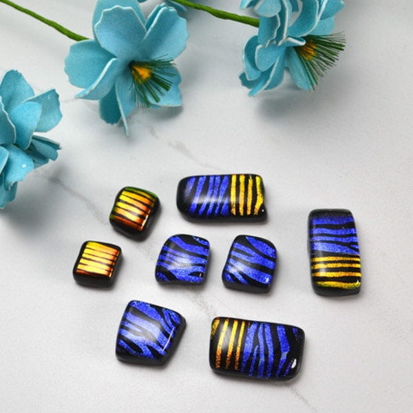 Dichroic Glass Cabochons, 8 Glass Stones, Royal Blue, Gold, Rich Colors, Patterned Dichroic Glass, Jewelry Making Cabochons