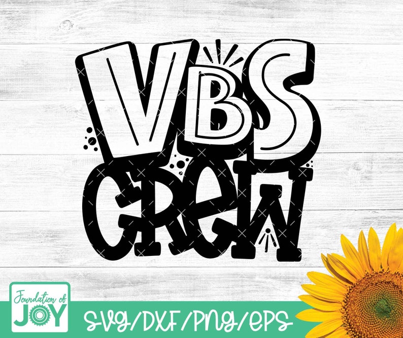 May include: Black and white graphic design featuring the text "VBS Crew" in a bold, stylised font. The design is ideal for use on t-shirts, mugs, or other crafts.