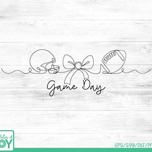 May include: A black single-line drawing featuring a football helmet, a decorative bow, and an American football, with the text Game Day written in a cursive script below the illustrations, all presented as a clean graphic design element.