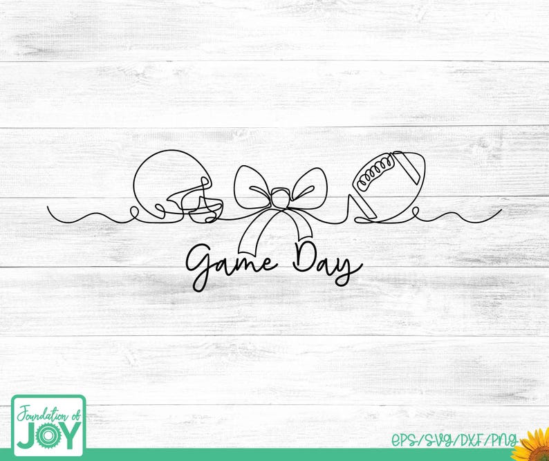 May include: A black single-line drawing featuring a football helmet, a decorative bow, and an American football, with the text Game Day written in a cursive script below the illustrations, all presented as a clean graphic design element.
