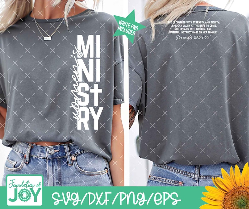 May include: A grey t-shirt with the word "Ministry" in large white letters. The word "women's" is printed vertically on the left side. The back of the shirt has a Bible verse printed in white. The shirt is paired with blue jeans.