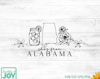 She's from Alabama svg, Continuous Line Art, Camellia png, Alabama State Outline, Iced Tea line art, Alabama girl, go bama shirt, floral png