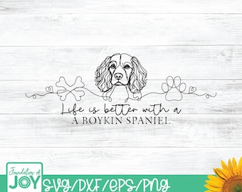 La vida es mejor con un Boykin Spaniel svg, línea continua png, arte lineal de perro, pata png, huesos de perro svg, mamá de Boykin Spaniel, arte de camiseta de Spaniel