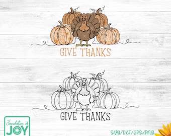 Give Thanks svg, Continuous Line art, Color svg, turkey png, Fall svg, pumpkin png, cute fall shirt art, thankfulness png, monoline art