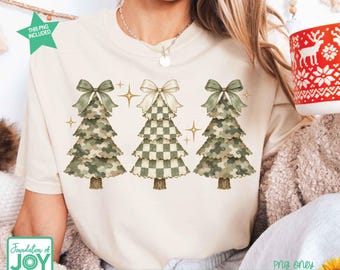 Preppy Christmas Tree PNG, Coquette Bow Christmas, Checkered Holiday Tree, Camo Christmas Design, Merry & Bright PNG
