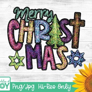 May include: A glittery, colorful design that says "Merry Christmas" with a star, snowflake, and Christmas tree. The design is perfect for a holiday craft project.