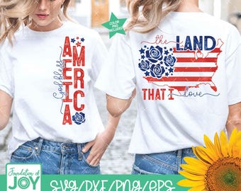 May include: White t-shirt with the text "AMERICA" in red, with blue stars and a rose. The back of the shirt features a design of the American flag with the words "the LAND THAT I love".