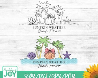 Pumpkin Weather Beach Forever svg, Continuous Line png, palm tree svg, seashell line art, pumpkin png, starfish svg, Fall png, Beach svg