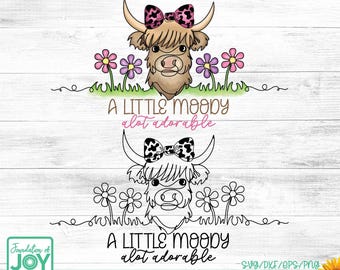 Just a little moody png, Highland Cow svg, Coquette Bow png, Cow print, Continuous line art, Single Line art, Florals, Heifer, Digital