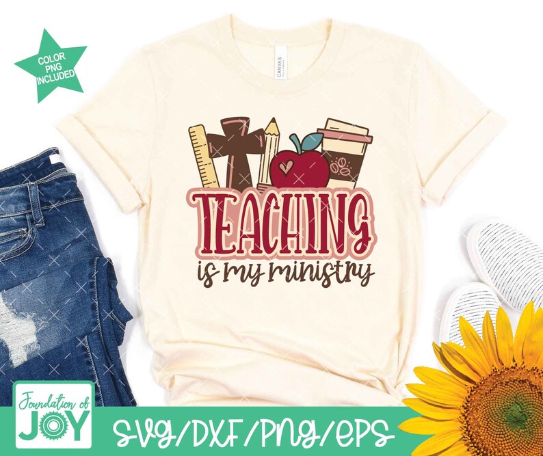 May include: A beige t-shirt with the text "TEACHING is my ministry" in red and brown lettering. The design includes a red apple, a coffee cup, a ruler, a pencil, and a cross.