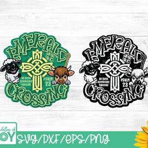 May include: Two designs featuring the text "Emerald Crossing" with a Celtic cross, sheep, and a cow. One design is green with gold accents, the other is black and white. The text "An Irish Adventure Through Psalm 23" is also included.