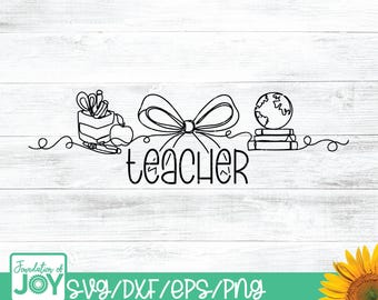 SVG de profesor, PNG de educador, arte lineal continuo, arte lineal de profesor, PNG de globo terráqueo, SVG de libros, PNG de portalápices, SVG de manzana, agradecimiento al profesor