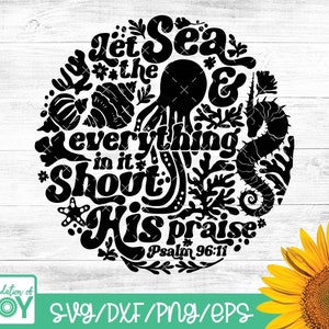 Retro christelijke PNG, sublimatie downloaden, laat alles in de zee, trendy christelijke png, groovy letters, bijbelvers, zomershirtontwerp