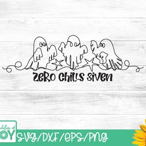 Può includere: Un grafico a linee nere raffigurante tre fantasmi e due stelle marine collegati da una linea continua ondulata, posizionato sopra il testo "ZERO CHILLS GIVEN" in un carattere nero, grassetto e arrotondato su sfondo in legno.