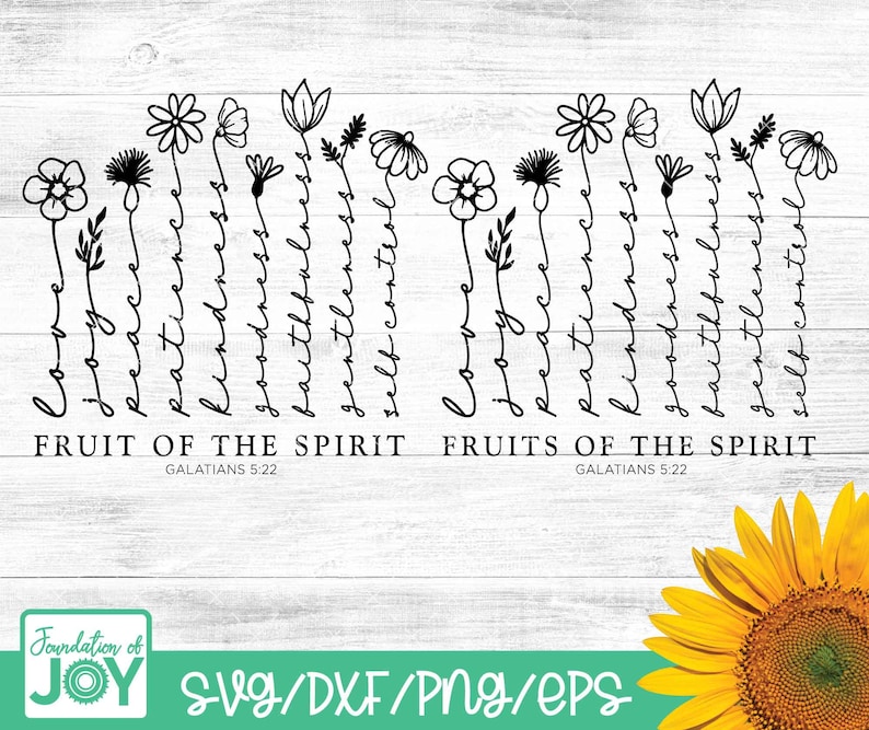 May include: Black and white graphic design of flowers with the words "love, joy, peace, patience, kindness, goodness, faithfulness, gentleness, self control" written on the stems. The words "Fruit of the Spirit" and "Fruits of the Spirit" are written below the flowers with the scripture reference "Galatians 5:22".