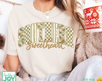Southern Sweetheart PNG, Camo Checkered Varsity Shirt Design, Southern Girl Digital Download