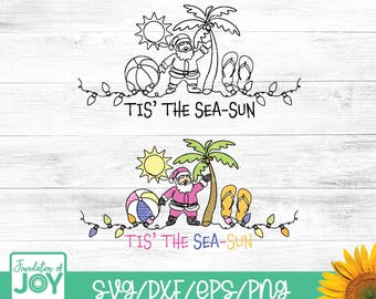 Tis the Season svg, Continuous Line svg, Sun png, color svg, Christmas in July svg, beach ball png, Santa png, Christmas lights svg, sea-sun