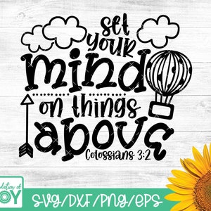 Set your mind on things over svg, Bibel Vers svg, Christian svg, Heißluftballons svg, Wolken svg, Himmel svg, niedliches tshirt design
