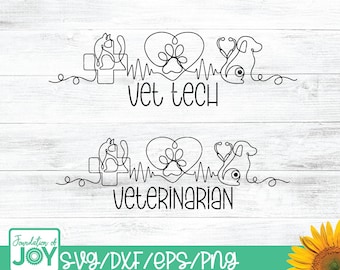 SVG de veterinario, PNG de técnico veterinario, arte lineal continuo, diseños de veterinarios duales, imágenes prediseñadas de cuidado de animales, SVG de perro, PNG de gato, arte lineal de frecuencia cardíaca
