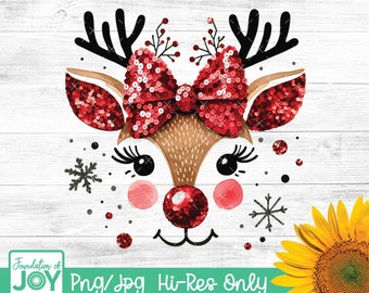 Reno navideño con purpurina de colores PNG, Reno navideño de niña de colores brillantes PNG, Lazo de coqueta PNG, Reno de nariz roja PNG, Navidad png